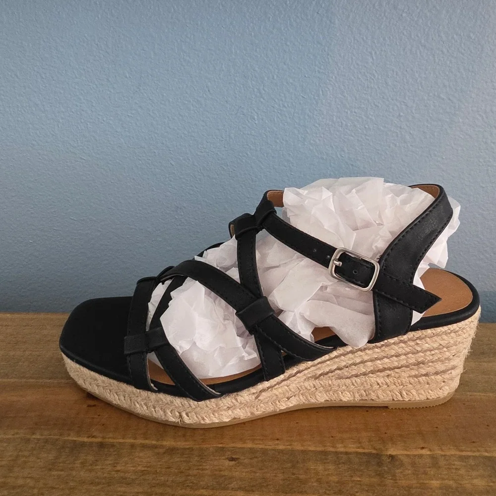 White‎ Mountain Womens Swayze Espadrille Wedge Sandal Black Strappy Buckle 6.5